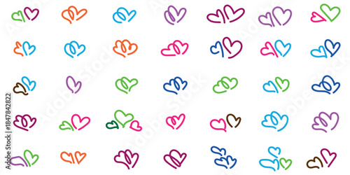A vibrant collection of unique handdrawn heart icons and intertwined love symbols showcasing diverse artistic styles for romantic design projects and emotional expressions