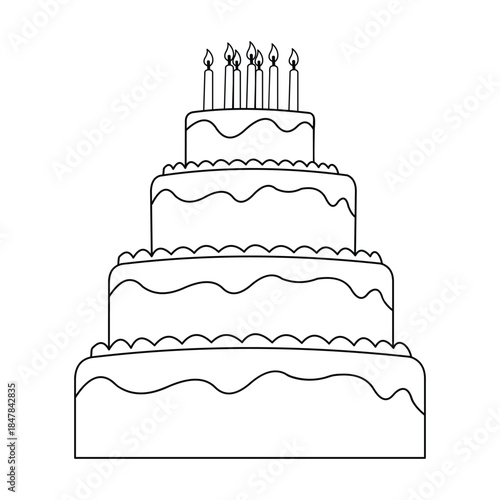 Black and white sketch of a four tier celebration cake with candles