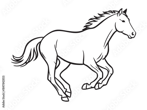 Black and white line art sketch of a galloping horse for coloring