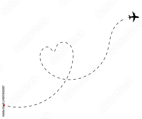 An elegant black airplane silhouette flies along a dashed line path forming a beautiful heart shape symbolizing travel love and romantic journeys across distant skies