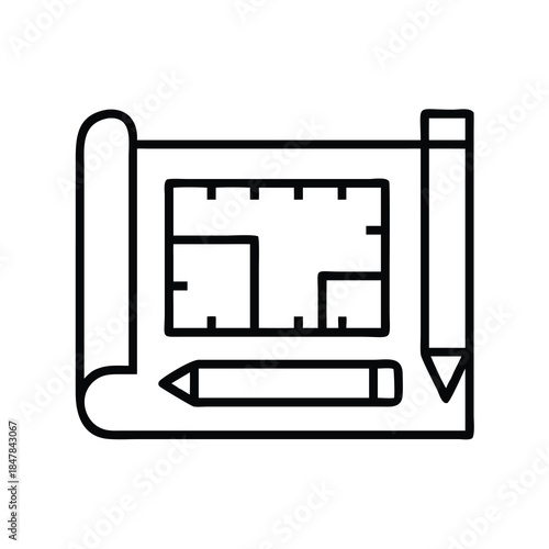 Line art icon representing architectural blueprints with pencils, symbolizing design.