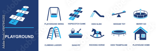 Playground icon set. Containing playground swing, hopscotch game, kids slide, seesaw toy, merry go, climbing ladder, sand pit, rocking horse, kids trampoline, playhouse home and more. Solid vector ico