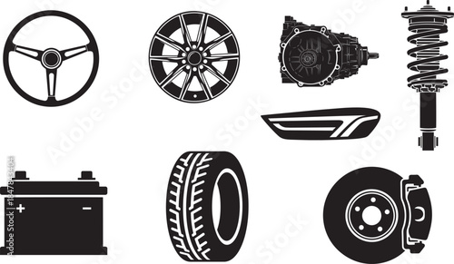 Car spare parts icon set. Auto service symbols including steering wheel, tire, battery, brake disc, suspension, and transmission.