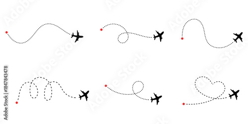 Collection of airplane icons showing diverse flight paths with dotted lines and red starting points illustrating global travel and destination journey concepts