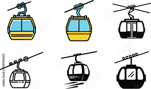 Set of cable car icons in various styles and colors