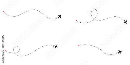 Creative graphic illustration displaying multiple airplane travel routes and journey paths with dotted lines leading to aircraft symbols representing aviation navigation and global transportation