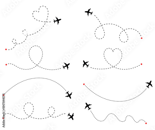 Dynamic collection of black airplane icons with distinct dotted line flight paths depicting various travel journeys and adventure destinations across a clear background
