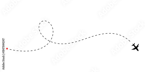 Global airplane flight path illustration showing an aircraft traveling a winding dashed line route from a starting point towards its journey destination