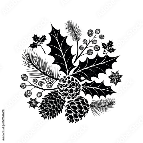 decorated with holly and pinecones silhouette logo vector line art logo design