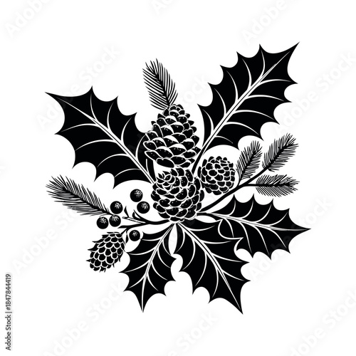 decorated with holly and pinecones silhouette logo vector line art logo design