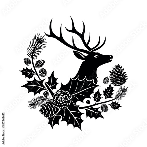 decorated with holly and pinecones silhouette logo vector line art logo design