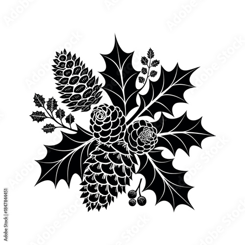 decorated with holly and pinecones silhouette logo vector line art logo design