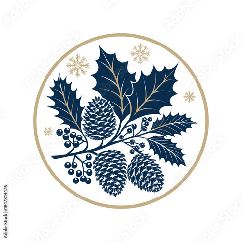 decorated with holly and pinecones silhouette logo vector line art logo design