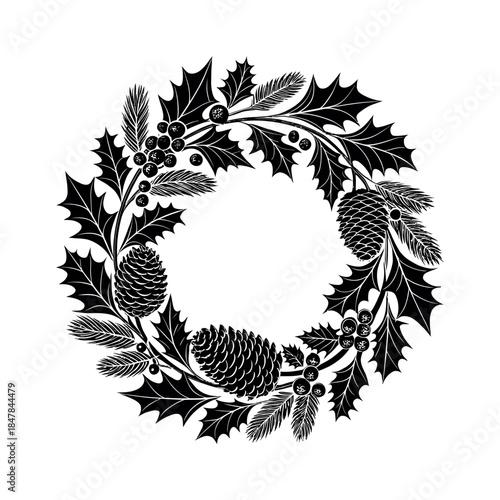 decorated with holly and pinecones silhouette logo vector line art logo design