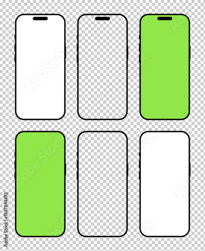 Smartphone black frames set. Gadget symbols. Signs for website design, ui, mobile app. Device front view. Blank smart phone green screen templates. Mobile phone black icon with white background.