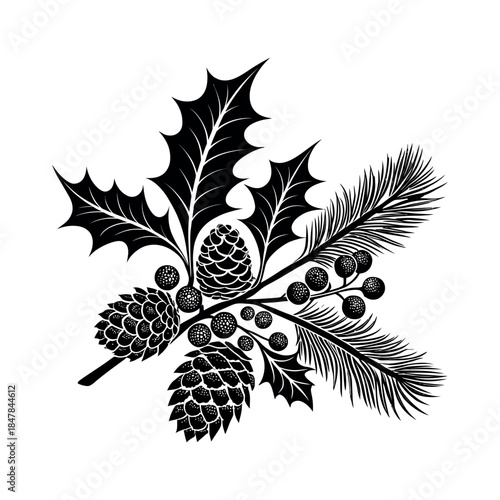 decorated with holly and pinecones silhouette logo vector line art logo design