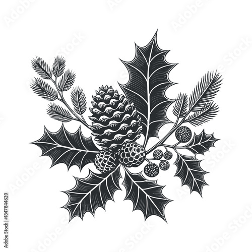 decorated with holly and pinecones silhouette logo vector line art logo design