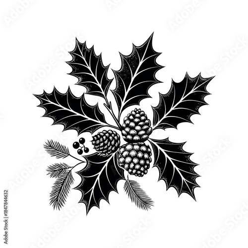 decorated with holly and pinecones silhouette logo vector line art logo design