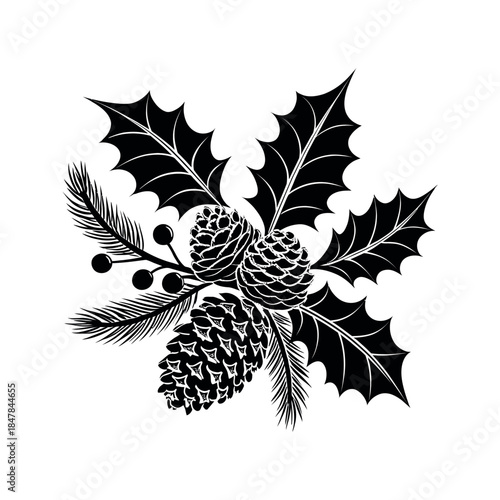 decorated with holly and pinecones silhouette logo vector line art logo design