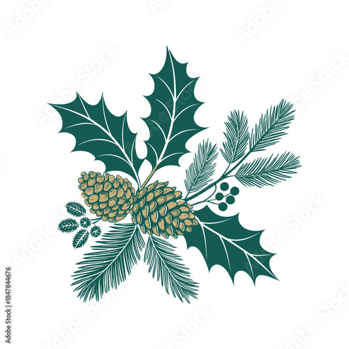 decorated with holly and pinecones silhouette logo vector line art logo design