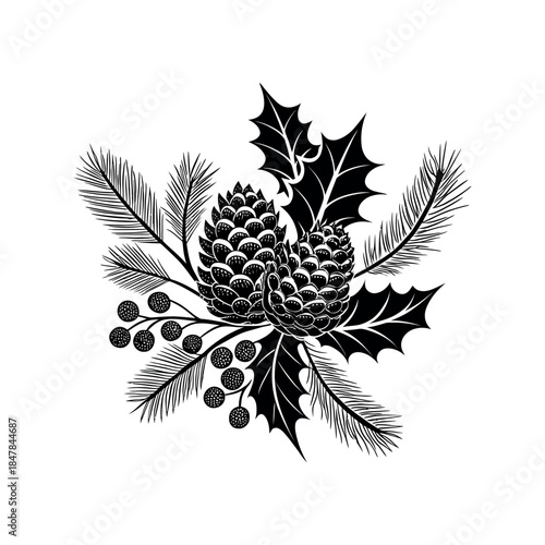 decorated with holly and pinecones silhouette logo vector line art logo design