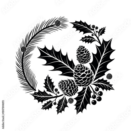decorated with holly and pinecones silhouette logo vector line art logo design
