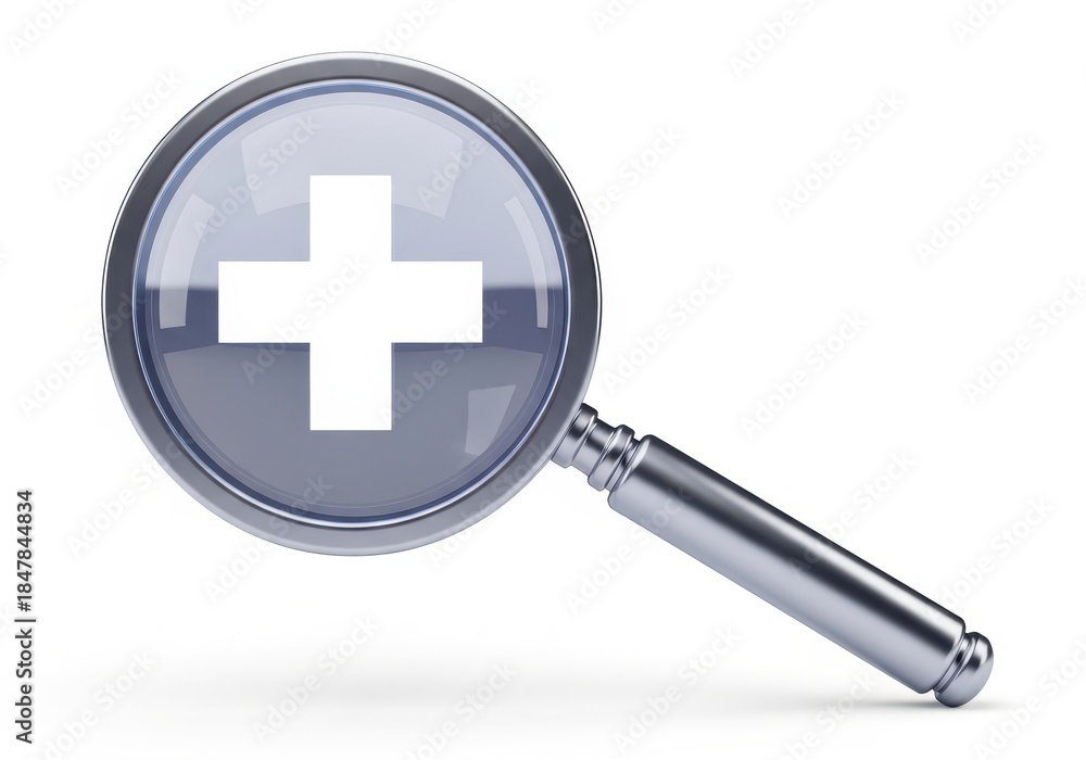 Obraz premium Magnifying glass tool displays a white cross symbol against a glossy grey background