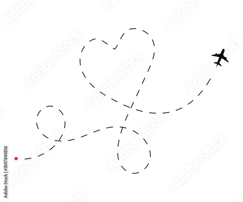 Minimalist black airplane flying a whimsical dashed line path creating a romantic heart shape and looping journey on a clean white background