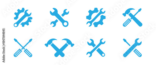 Collection of various wrench and spanner silhouettes, perfect for tool, repair, and engineering themes. repair and maintenance tool icons with wrench gear hammer and screwdriver silhouette vector illu