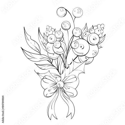 Bouquet of Flowers and Berries Detailed Design Festive Style Intricate Lines Decorative Craft