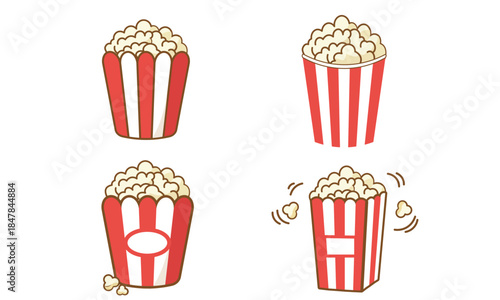 Four cartoon popcorn buckets with red and white stripes, perfect for movie night