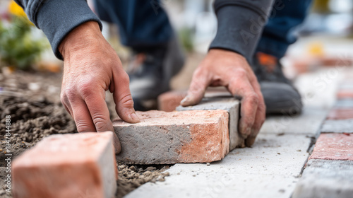Overhead angle of a mason kneeling while replacing a single damaged brick among many intact ones, subtle color mismatch visible, asymmetrical layout, quiet repair moment rather tha