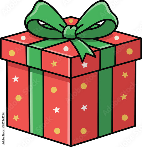A vibrant and colorful Christmas gift box with a bright green ribbon and bow, adorned with festive stars and dots, symbolizing holiday generosity and joy.