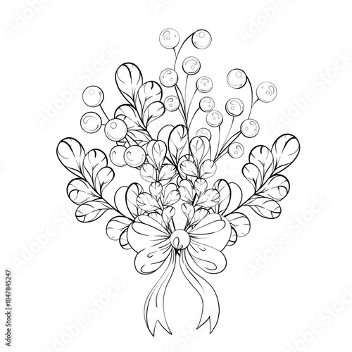 Flower Bouquet Drawing With Leaves and Berries in Simple Style for Relaxation and Coloring