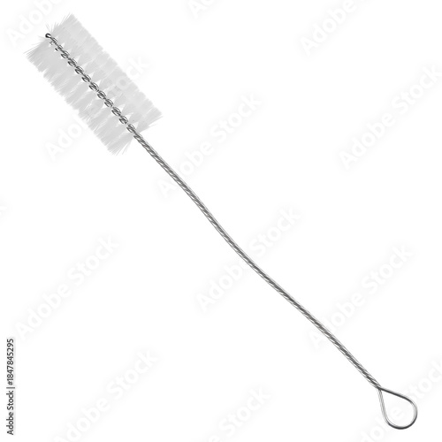 Slender white nylon bristle cleaning brush with a long twisted wire handle for laboratory or household tasks