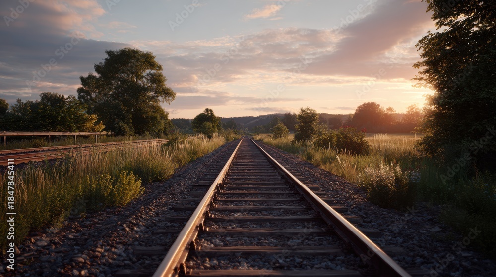 Fototapeta premium Railway tracks stretch far into the distance surrounded by green fields and trees. The scene captures warm light from the setting sun, creating a soft glow over the landscape