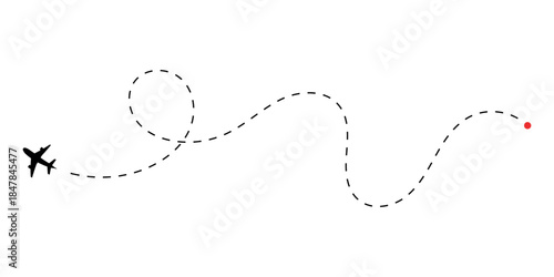 Stylized airplane flight path illustration tracing an adventurous global travel journey with a dotted line leading to a red destination point concept