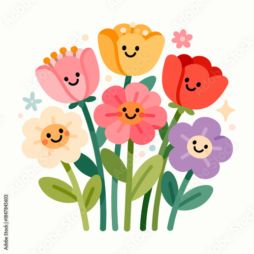 [Vector EPS]Colorful Smiling Flowers with Vibrant Petals and Cheerful Faces