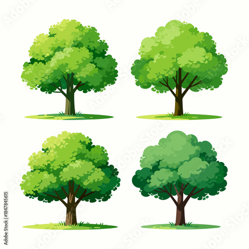 [Vector EPS]Four different green cartoon trees with lush foliage on white background