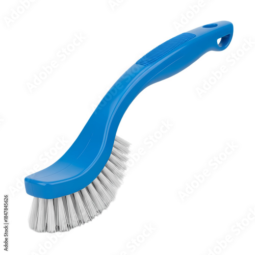 Bright blue curved handle scrubbing brush with stiff white bristles for household cleaning tasks