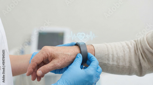 Healthcare professional wearing blue gloves adjusts fitness tracker on patient wrist, monitoring heart rate and health data in clinical setting