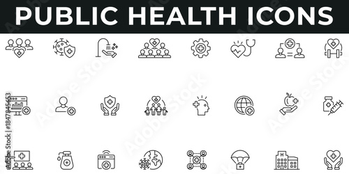 Public Health Icons vector illustration with thin line editable stroke contains disease prevention, hand wash, medical service, checkup, health equity, healthy lifestyle, vaccination, nutrition.