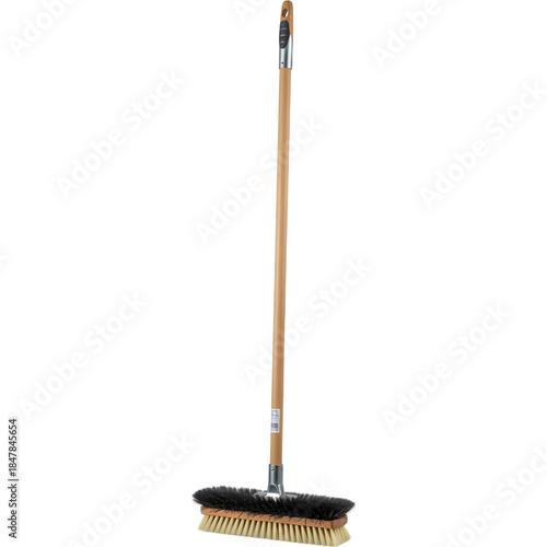 Sturdy wooden handled push broom with dense mixed bristles ideal for heavy duty sweeping tasks on rough surfaces