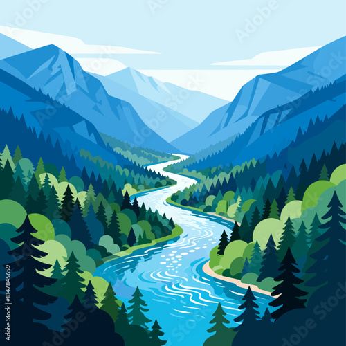 [Vector EPS]A beautiful river flowing through a lush mountainous landscape