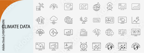 climate data icon set with weather analytics and environmental monitoring, minimal line vector design
