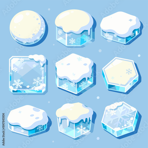 [Vector EPS]Set of various ice cubes with snowflakes and frost