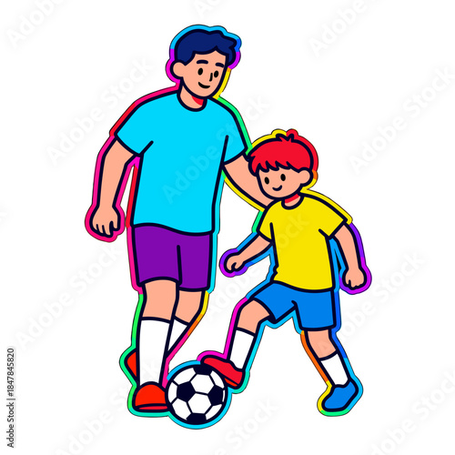 [Vector EPS]Father and son playing soccer together in a colorful illustration