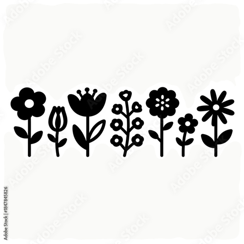 [Vector EPS]Black and white simple floral pattern illustration with various flowers