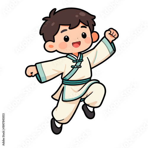 [Vector EPS]Cute boy practicing traditional Chinese martial arts in a dynamic pose