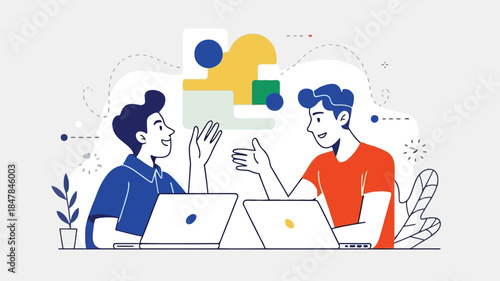 vector illustration of two people working on laptops with colorful design elements, for website or presentation